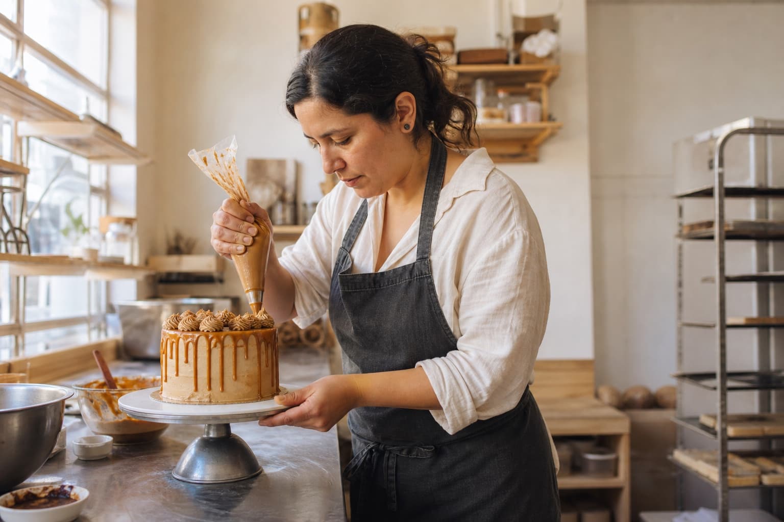 Pastelera decorando una torta artesanal